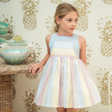 Abito Smanicato In Misto Lino A Righe Bambina YOEDU 0519 - YOEDU - Luxury Kids