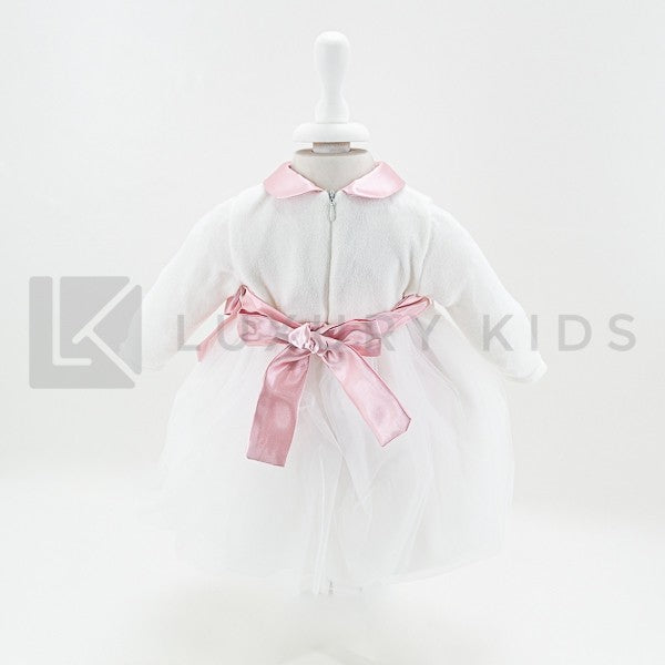 Abito Con Corpetto In Lana Bianco E Gonna In Tulle Con Fascia Rosa Neonata LA SARTORIA DEI PICCOLI L162 - LA SARTORIA DEI PICCOLI - LuxuryKids