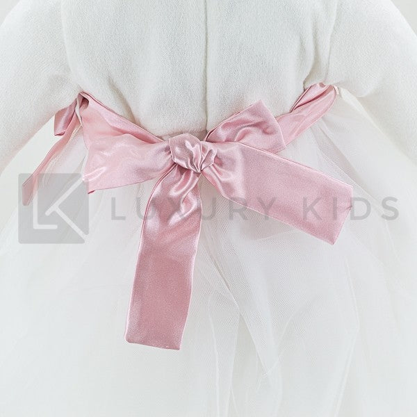 Abito Con Corpetto In Lana Bianco E Gonna In Tulle Con Fascia Rosa Neonata LA SARTORIA DEI PICCOLI L162 - LA SARTORIA DEI PICCOLI - LuxuryKids