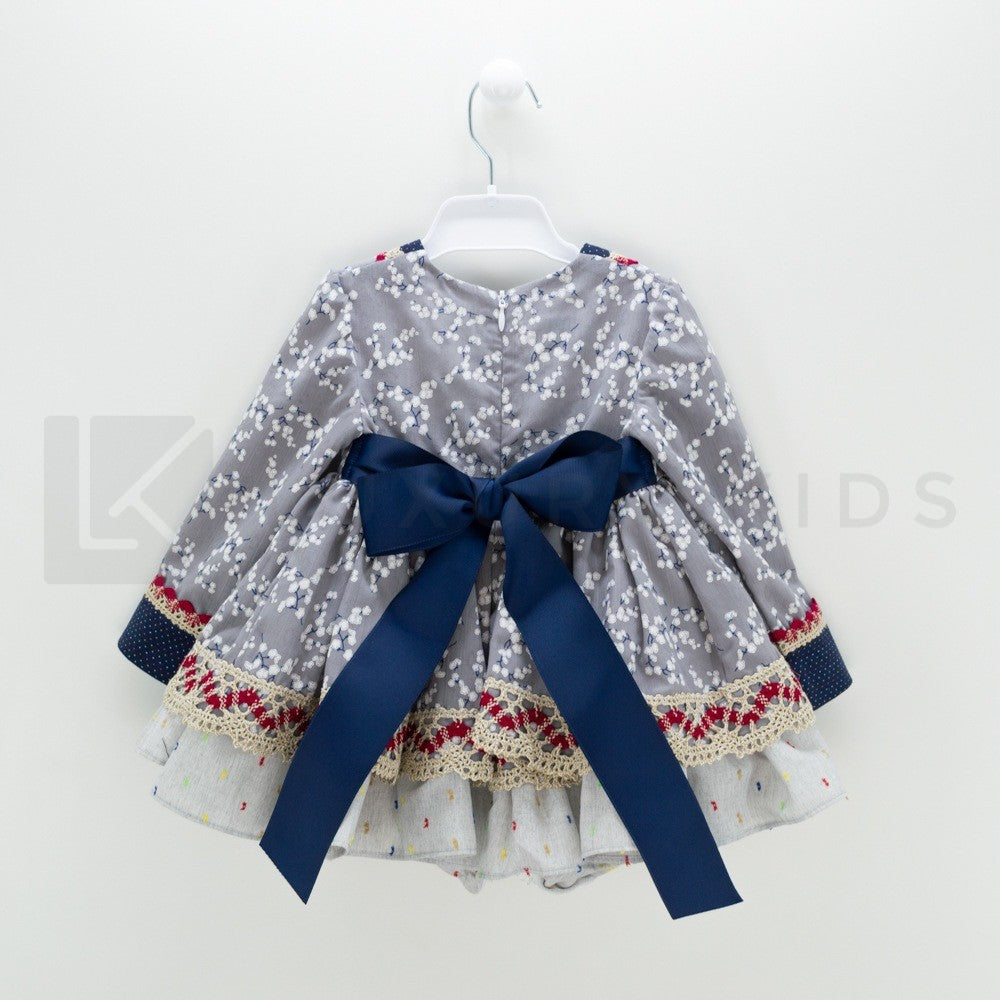 Abito Con Culotte Elegante In Caldo Cotone Grigio A Fiori Neonata Mimosa VALENCIA - MIMOSA - LuxuryKids