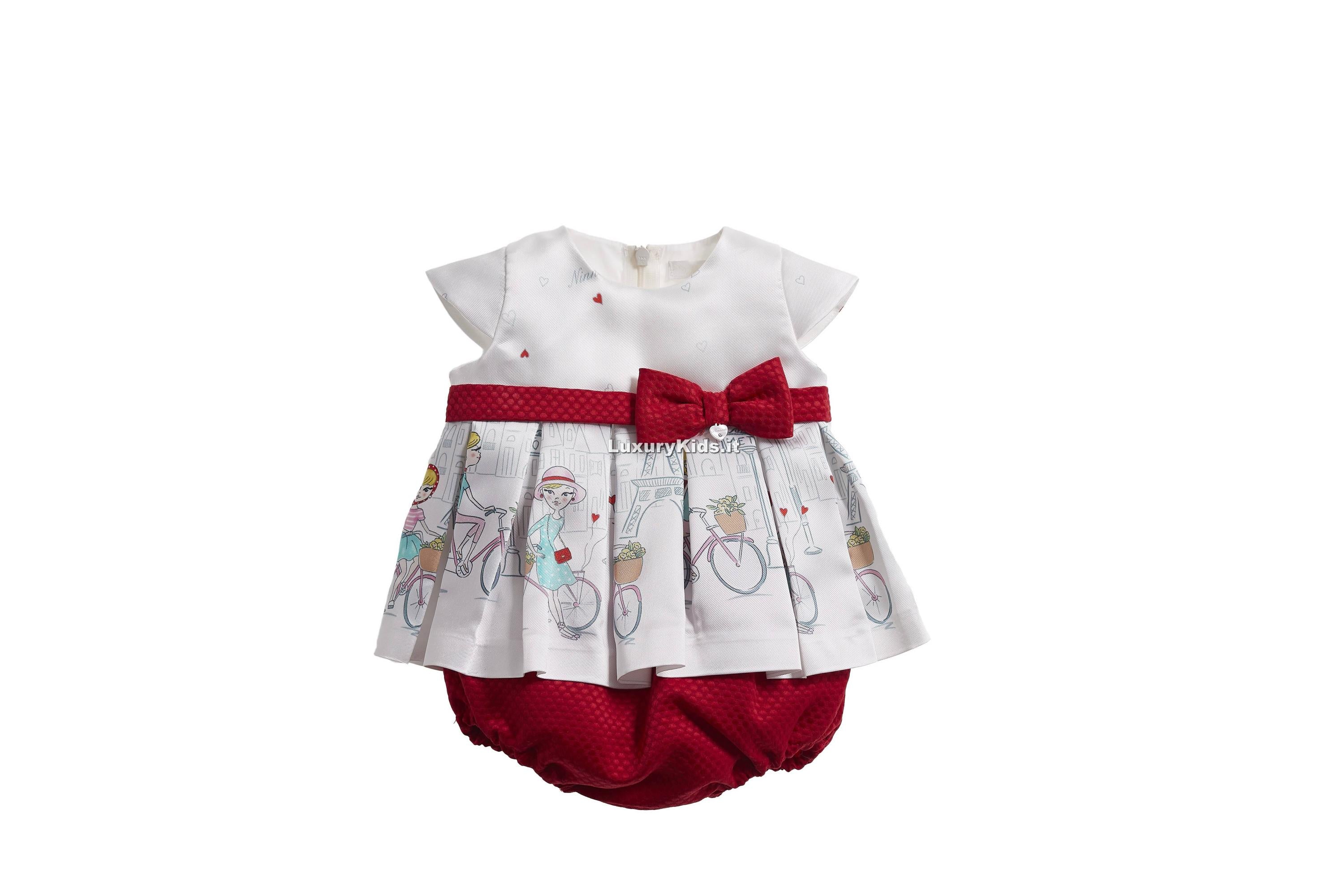 Abito con Culotte stampa Parigi Elegante Chic Neonata Bianco-rosso Ninnaoh E19122 - NINNAOH - LuxuryKids
