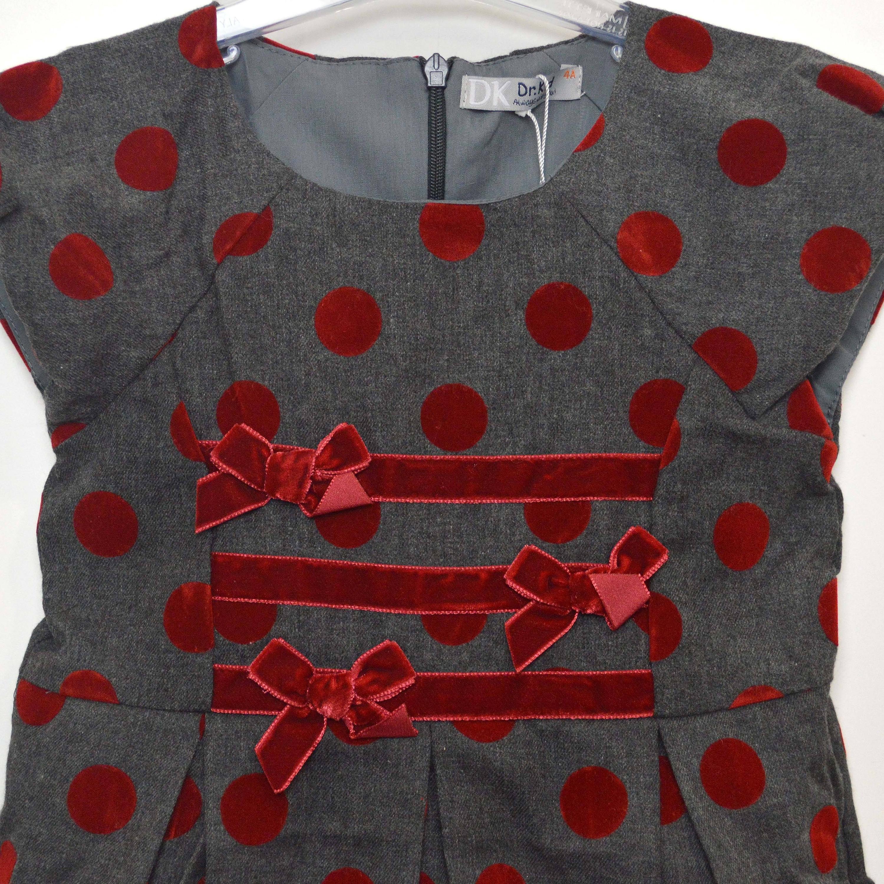 Abito Elegante a Pois in Velluto Grigio-Rosso Per Bambina Dr.Kids 483 - DR.KID - LuxuryKids