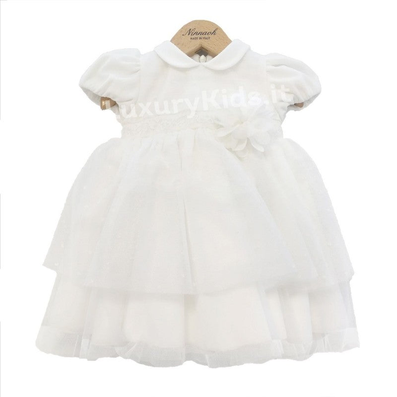 Abito Elegante Bianco con Fiore Rimovibile Neonata Ninnaoh I1838 - NINNAOH - LuxuryKids