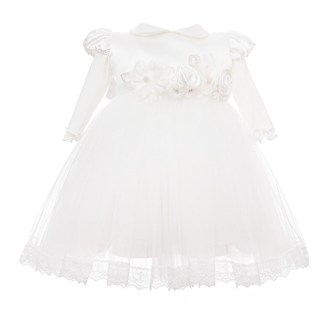 Abito Elegante Cerimonia Battesimo Raso e Tulle Bianco Neonata Les Petits Enfants TIFFANY - LE PETITS ENFANTS - LuxuryKids