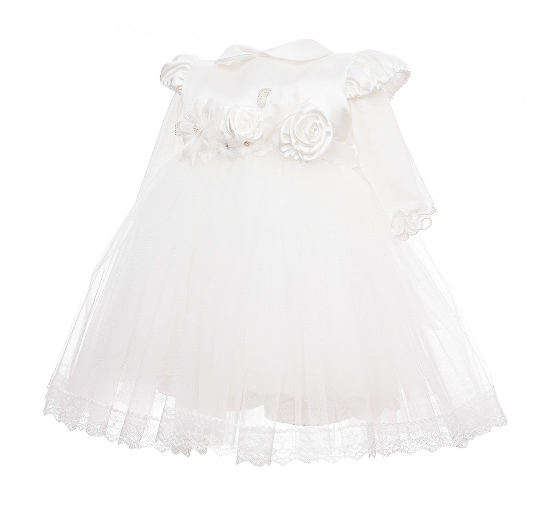 Abito Elegante Cerimonia Battesimo Raso e Tulle Bianco Neonata Les Petits Enfants TIFFANY - LE PETITS ENFANTS - LuxuryKids