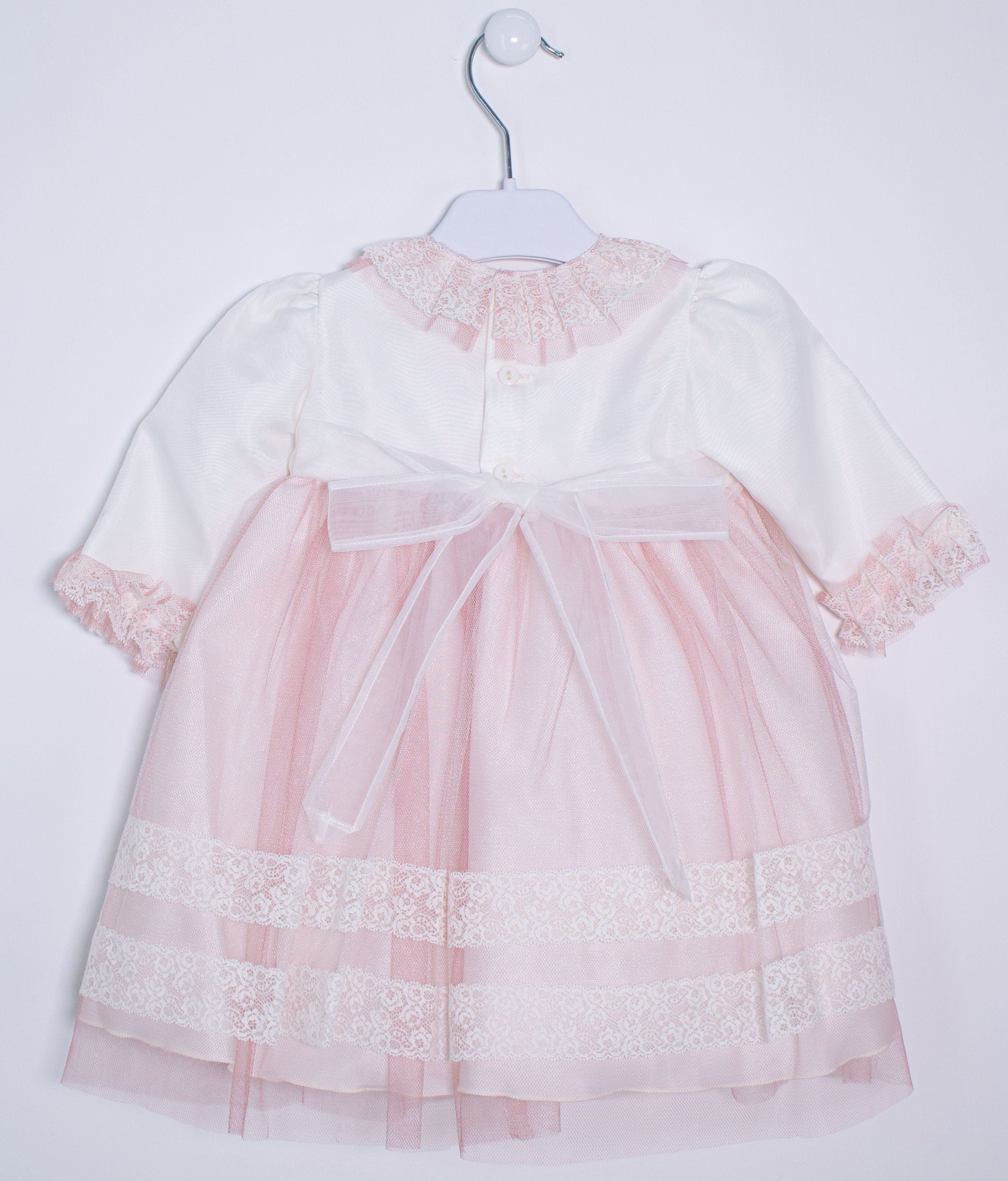 Abito Elegante Cerimonia Battesimo Panna-Rosa Neonata 5594 Ponto Per Ponto - PONTO POR PONTO - LuxuryKids