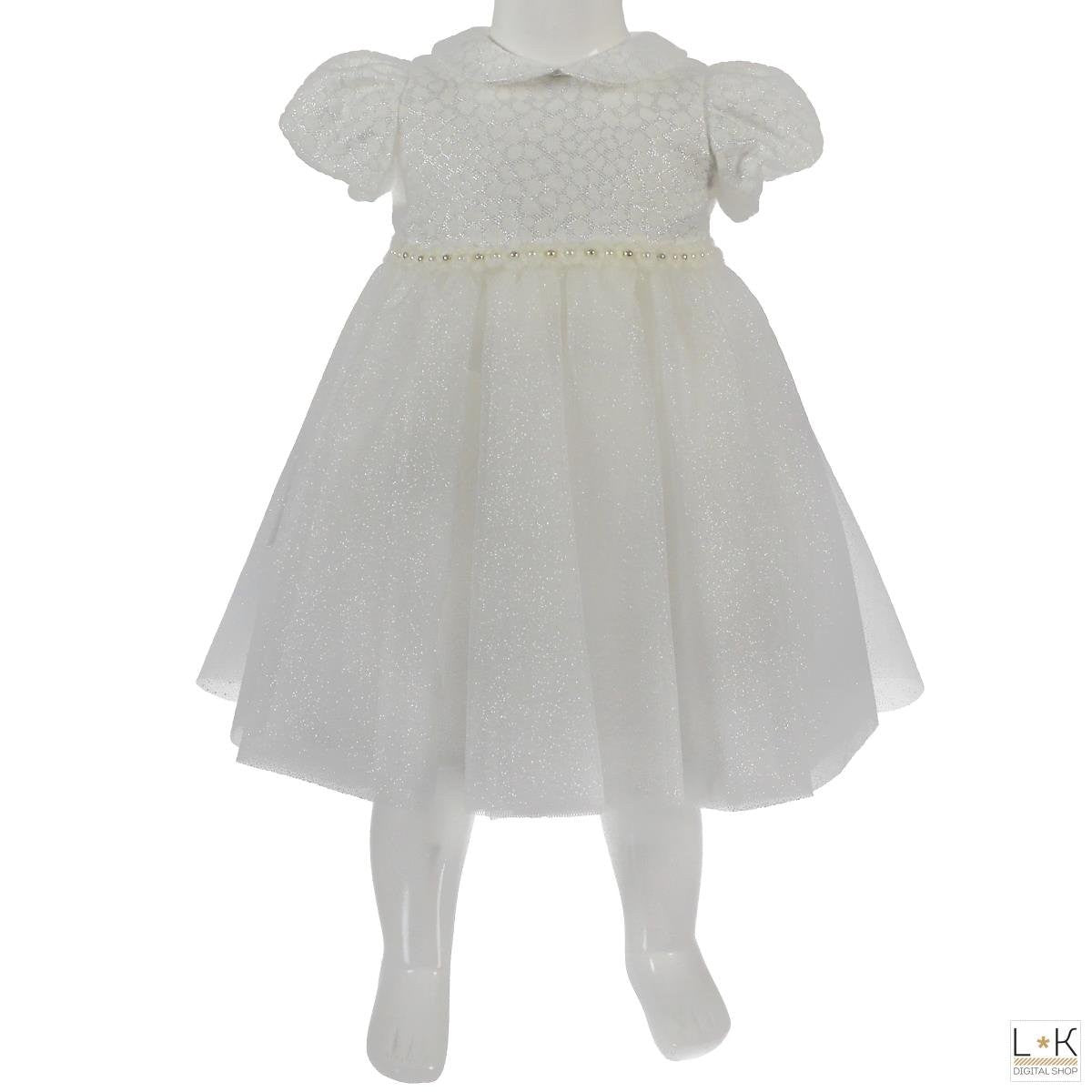 Abito Elegante Damascato con Culotte Bianco-Argento Neonata Lolo' 7052 - LOLO' - LuxuryKids