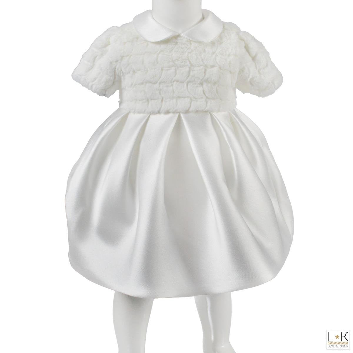 Abito Elegante in Ecopelliccia e Raso Neonata Bianco Creazioni Luana 794 - CREAZIONI LUANA - LuxuryKids