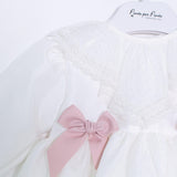 Abito Manica Lunga Elegante Raso Battesimo Panna 5642 Ponto Per Ponto - PONTO POR PONTO - LuxuryKids