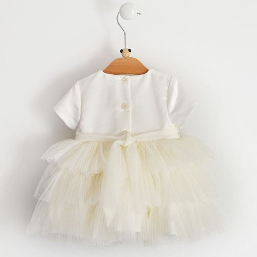 Abito Mezza Manica Panna Con Corpetto In Raso e Gonna In Tulle Neonata MINIBANDA 1728 - MINIBANDA - LuxuryKids