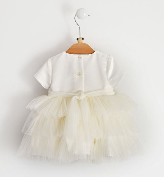 Abito Mezza Manica Panna Con Corpetto In Raso e Gonna In Tulle Neonata MINIBANDA 1728 - MINIBANDA - LuxuryKids