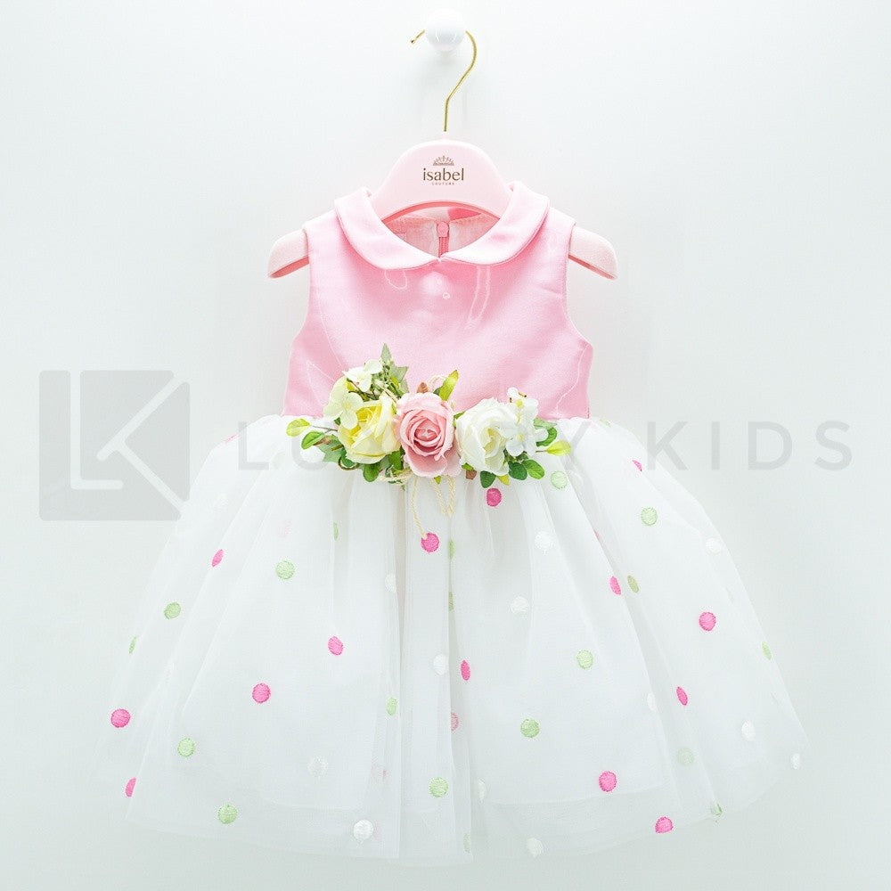 Abito Smanicato Elegante Con Corpetto Rosa E Tulle A Pois Neonata Isabel 43078 - ISABEL - LuxuryKids
