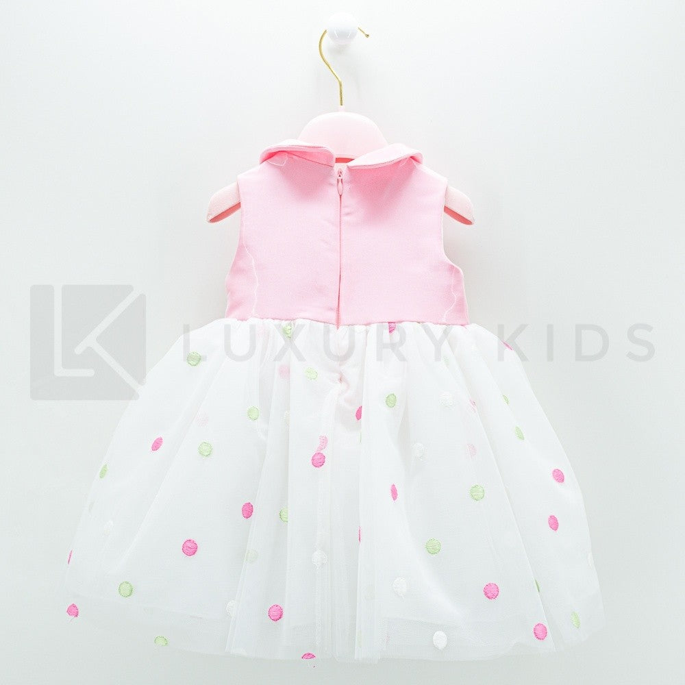 Abito Smanicato Elegante Con Corpetto Rosa E Tulle A Pois Neonata Isabel 43078 - ISABEL - LuxuryKids