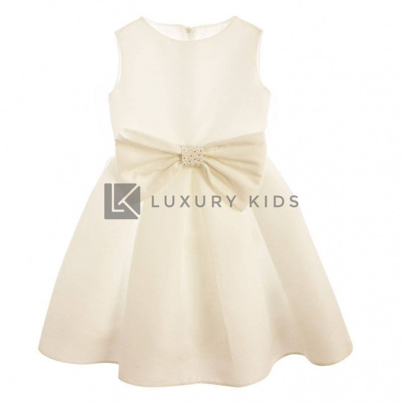 Abito Smanicato Elegante In Rasatello Di Cotone Bianco Con Fiocco Bambina Bufi B461A - BUFI - LuxuryKids