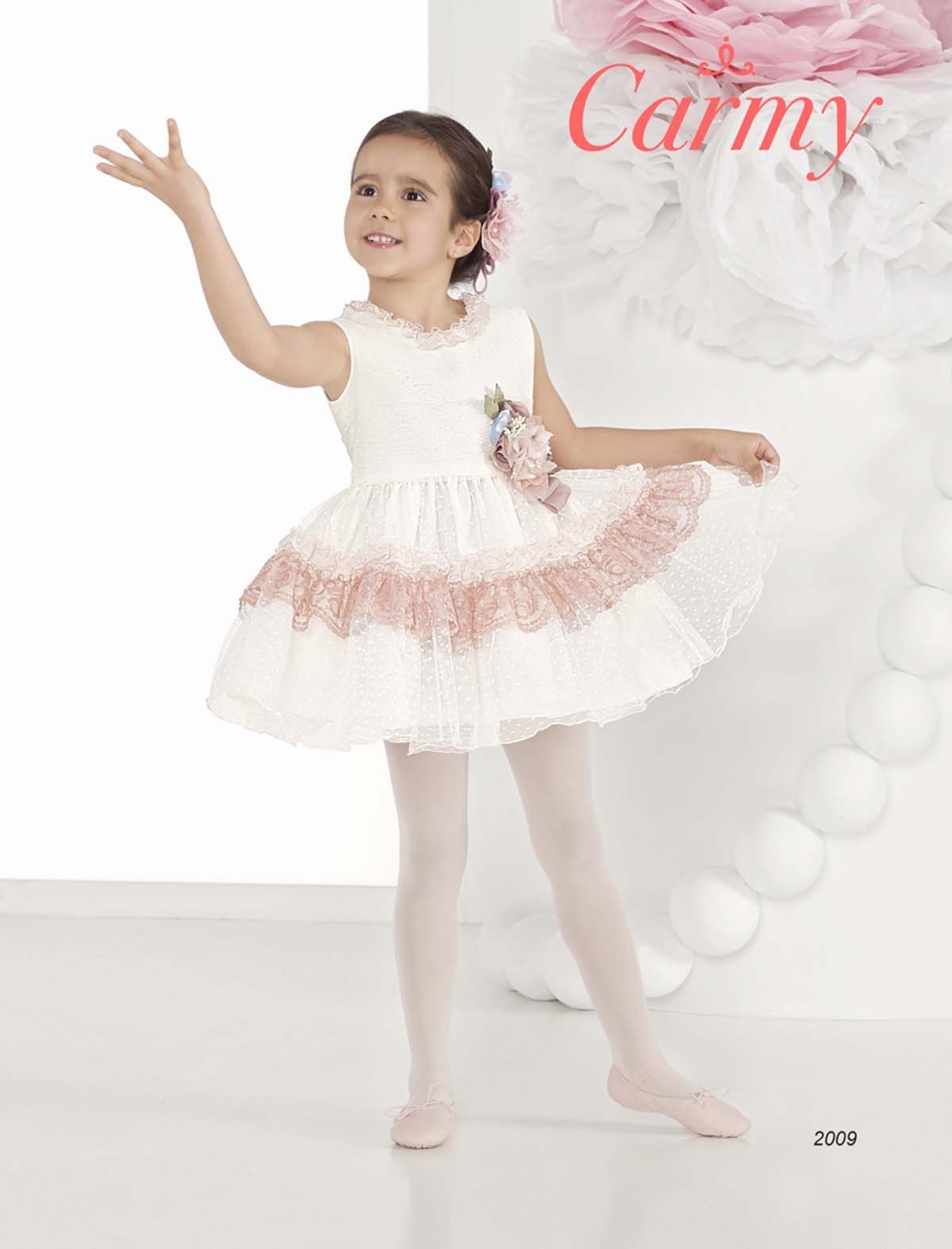 Abito Smanicato Elegante In Tulle Panna A Balze Rosa Neonata Carmy 2009 - CARMY - LuxuryKids