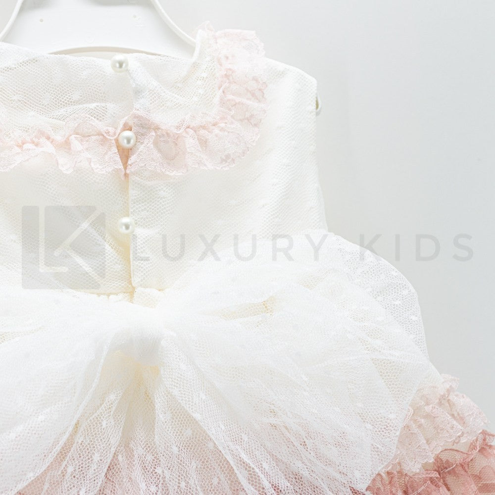 Abito Smanicato Elegante In Tulle Panna A Balze Rosa Neonata Carmy 2009 - CARMY - LuxuryKids