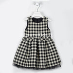 Abito Smanicato in Raffinato Tessuto Quadri Scozzese Nero-Oro Neonata Blu Sarabanda V231 - SARABANDA - LuxuryKids