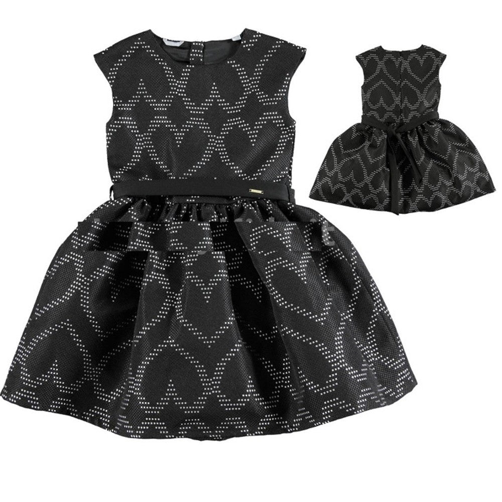 Abito Smanicato in Tessuto Fantasia a Forma di Cuore Nero Bambina Sarabanda V412 - SARABANDA - LuxuryKids