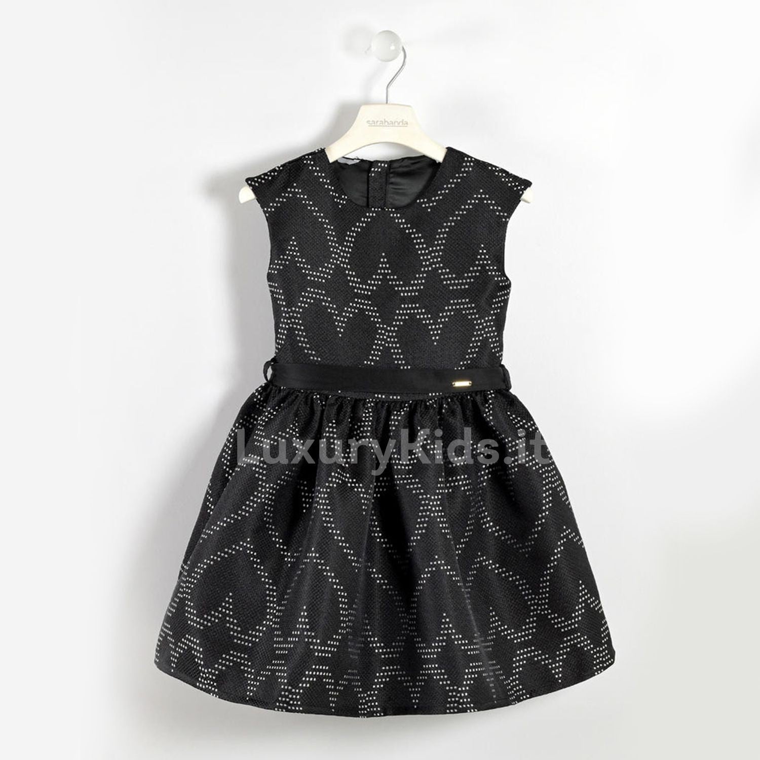 Abito Smanicato in Tessuto Fantasia a Forma di Cuore Nero Bambina Sarabanda V412 - SARABANDA - LuxuryKids
