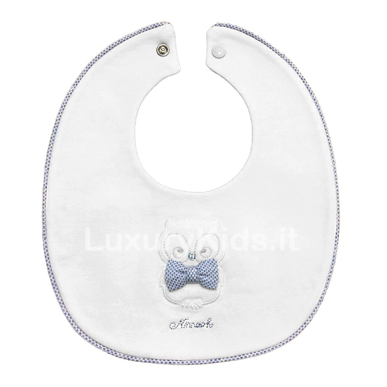 Bavetta in Caldo Cotone Bianco-Celeste e Ricamo Gufo con Fiocchetto Neonato Ninnaoh I18246 - NINNAOH - LuxuryKids
