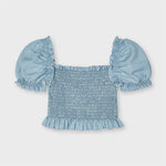 Blusa In Denim Crop Arricciata Bambina MAYORAL 3196 - MAYORAL - LuxuryKids