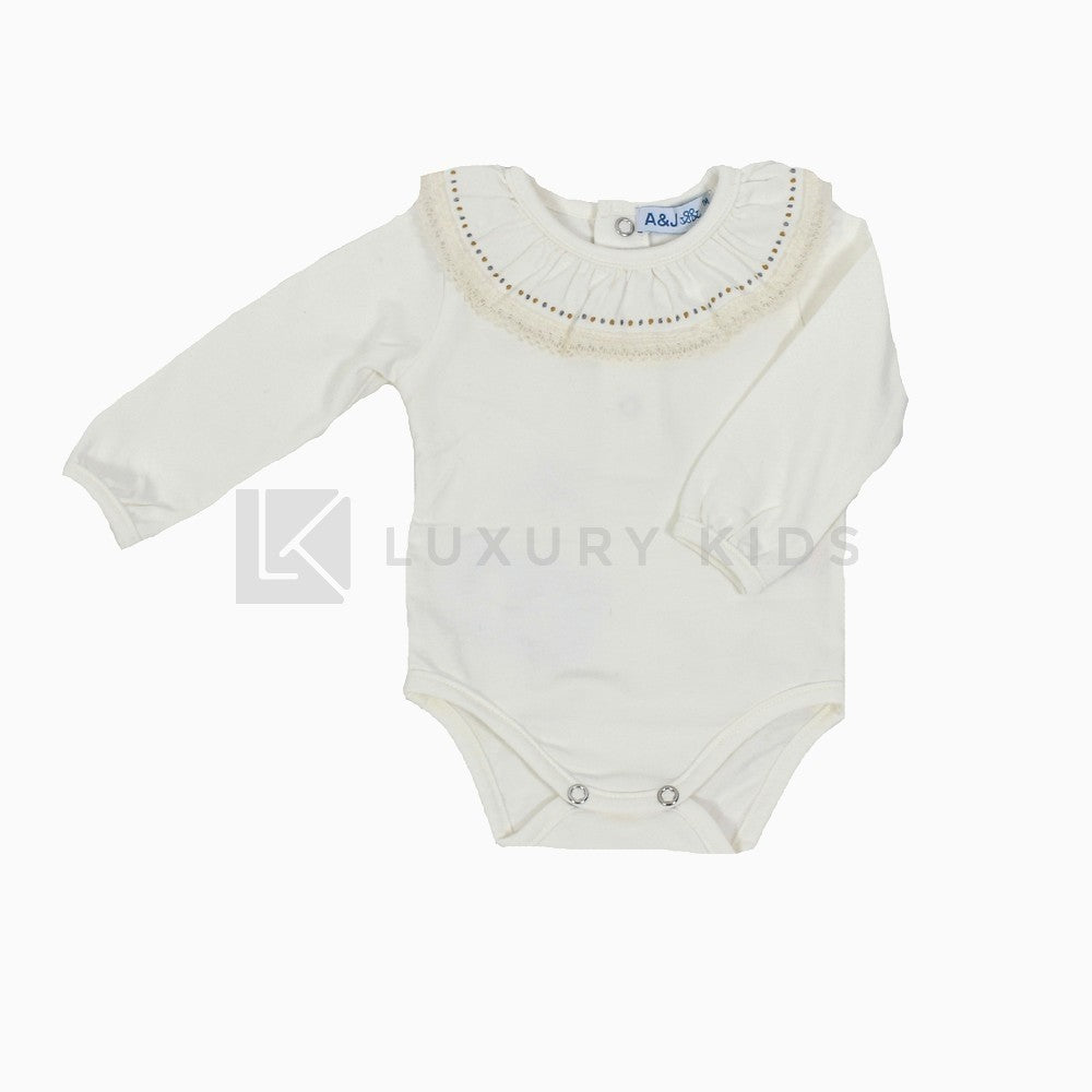 Body In Caldo Cotone Panna Con Collo Volant Neonati A&J 456 - A&J - LuxuryKids