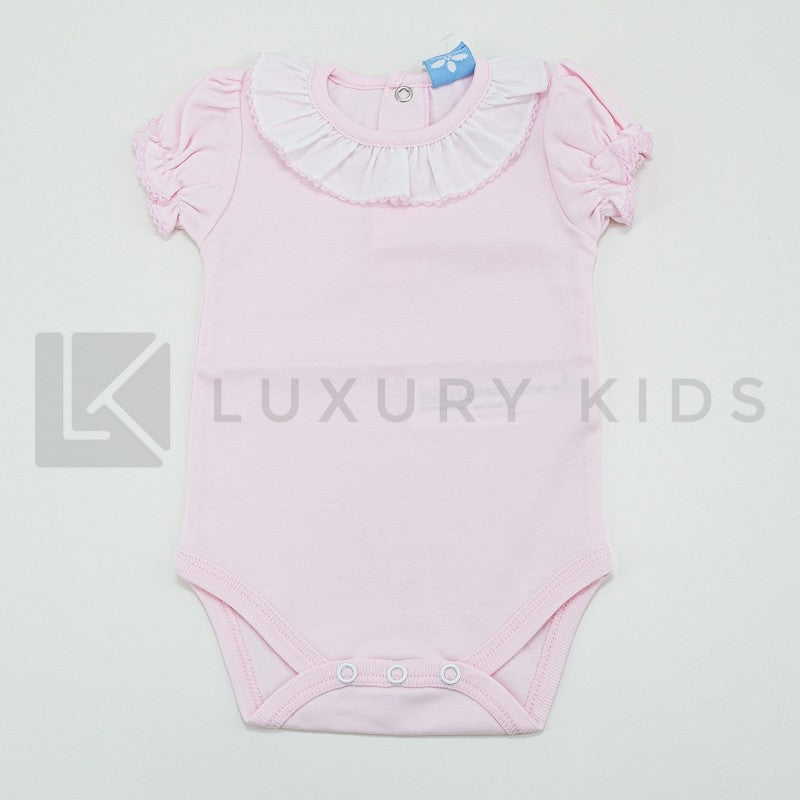 Body In Cotone Mezza Manica In Tinta Unita Rosa Con Manica A Sbuffo E Collo Volant Bianco Neonata SARDON LA407 - SARDON - LuxuryKids