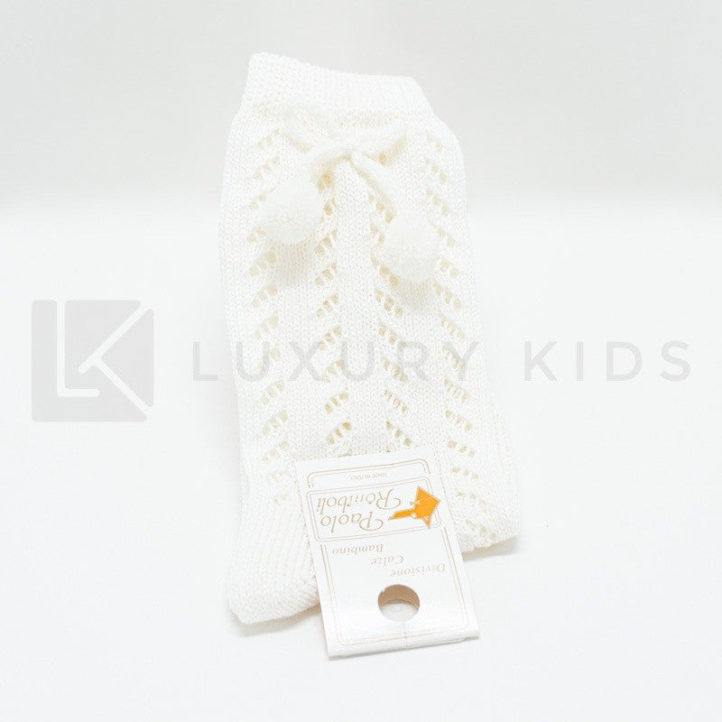 Calzettone Lungo Traforato In Caldo Cotone Con Pon Pon Neonato Romboli BAL59 - ROMBOLI - LuxuryKids