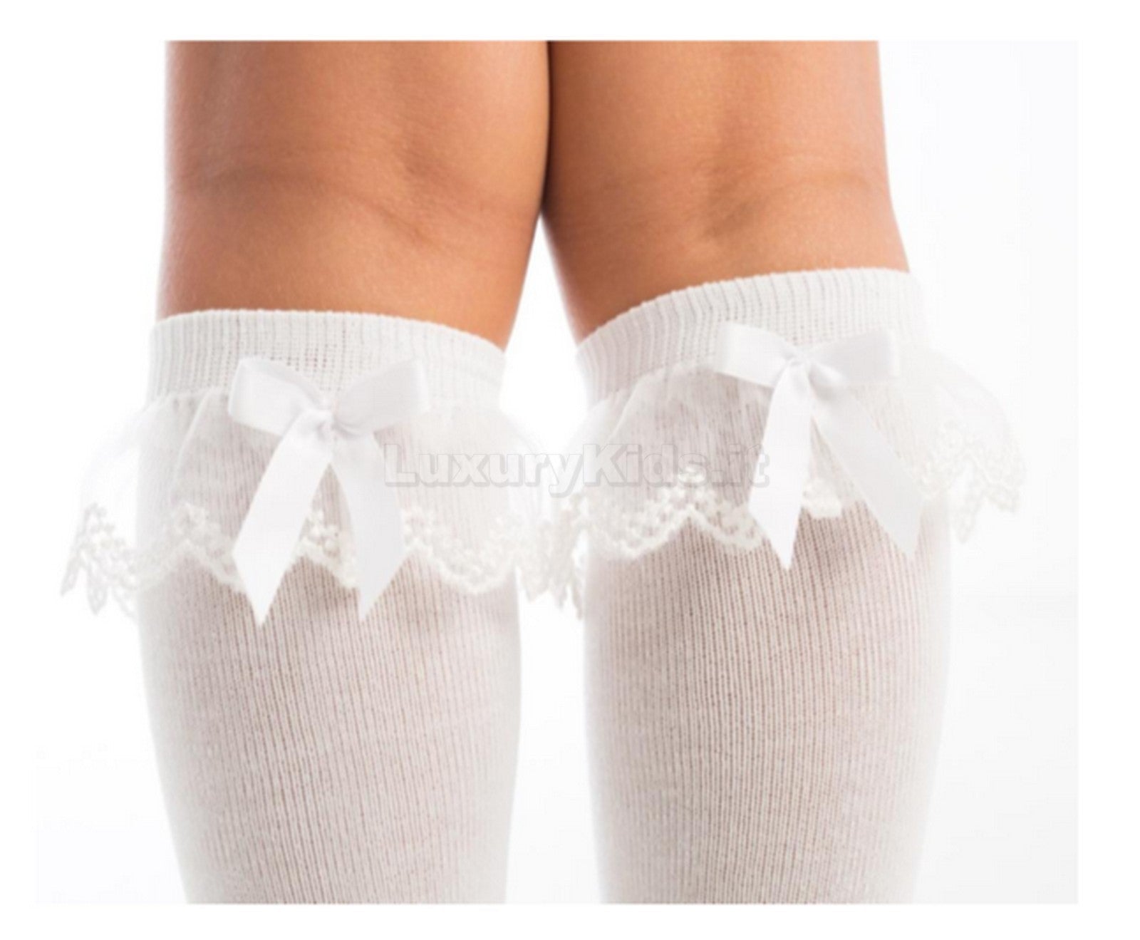 Calzino Lungo in Filo Con Ricetto in Tulle e Fiocco Neonata Bianco MEIA PATA 1040M - MEIA PATA - LuxuryKids