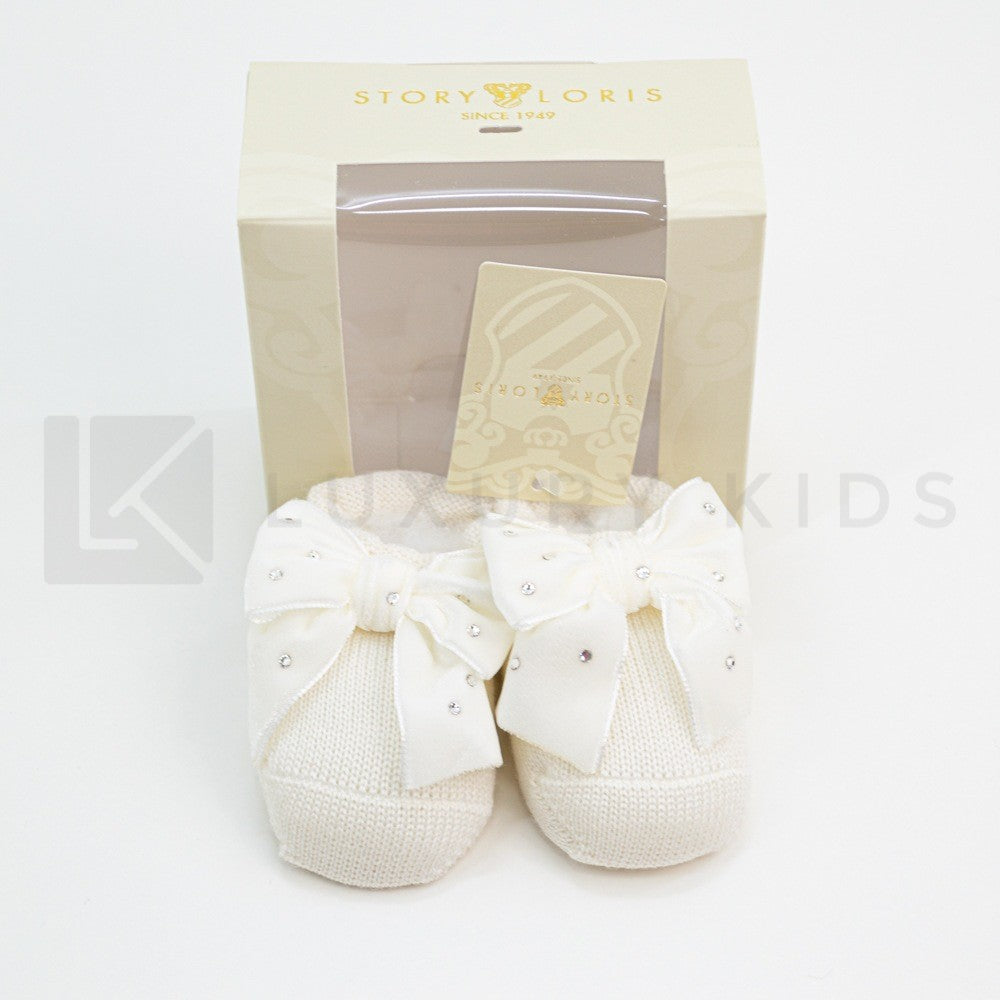 Calzino Scarpetta In 100% lana vergine Con Applicazione Di Fiocco In Velluto Con Swarovsky Neonata Story Loris 3713 - STORY LORIS - LuxuryKids