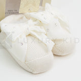 Calzino Scarpetta In 100% lana vergine Con Applicazione Di Fiocco In Velluto Con Swarovsky Neonata Story Loris 3713 - STORY LORIS - LuxuryKids