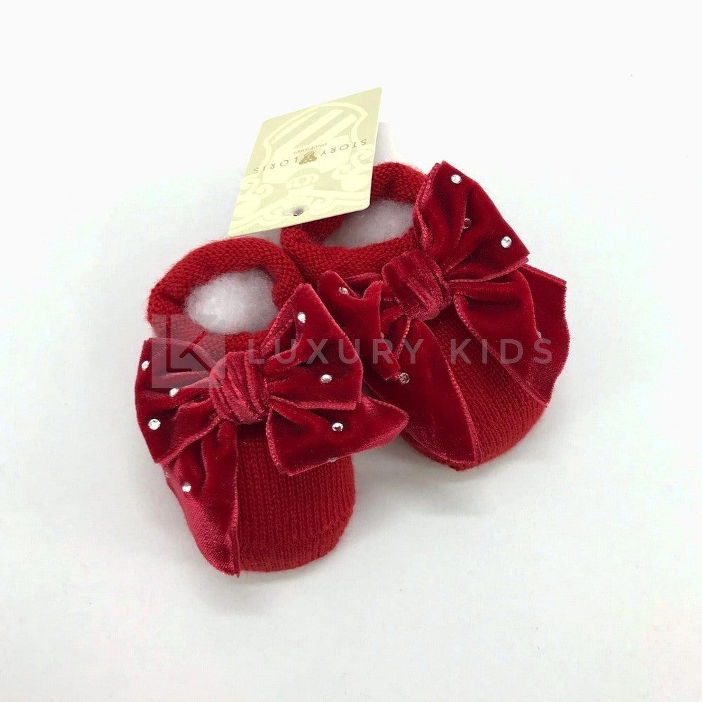 Calzino Scarpetta In 100% lana vergine Con Applicazione Di Fiocco In Velluto Con Swarovsky Neonata Story Loris 3713 - STORY LORIS - LuxuryKids