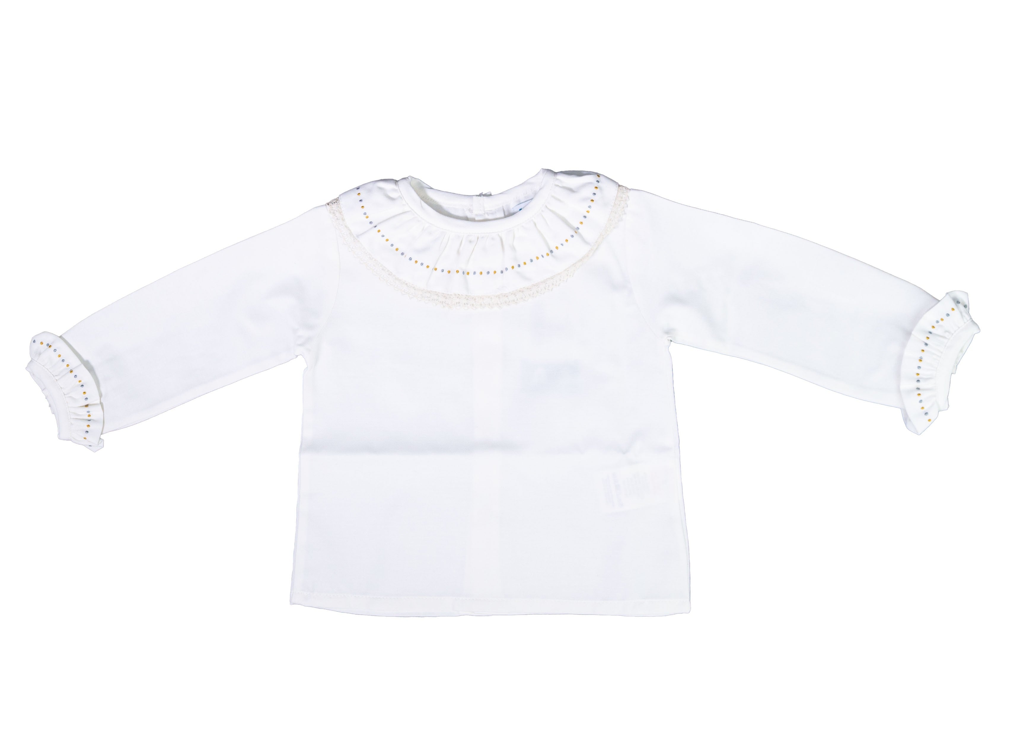 Camicia In Caldo Cotone Con Collo Volant Ricamato Panna Neonata A&J 464S - A&J - LuxuryKids