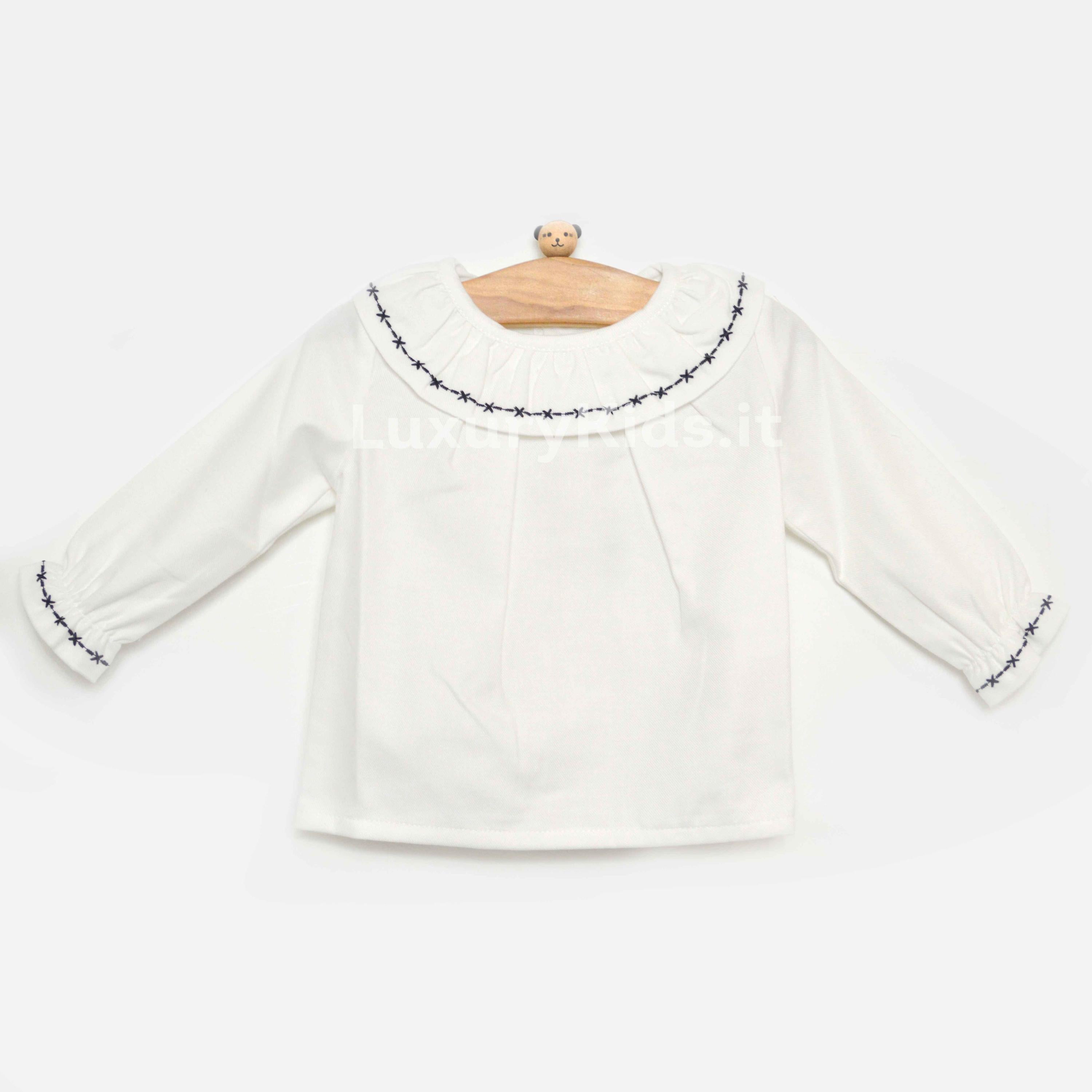 Camicia in Caldo Cotone Manica Lunga con Colletto Rouches Bianco-Blu Neonata A&J 209BL - A&J - LuxuryKids
