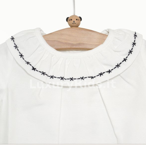 Camicia in Caldo Cotone Manica Lunga con Colletto Rouches Bianco-Blu Neonata A&J 209BL - A&J - LuxuryKids