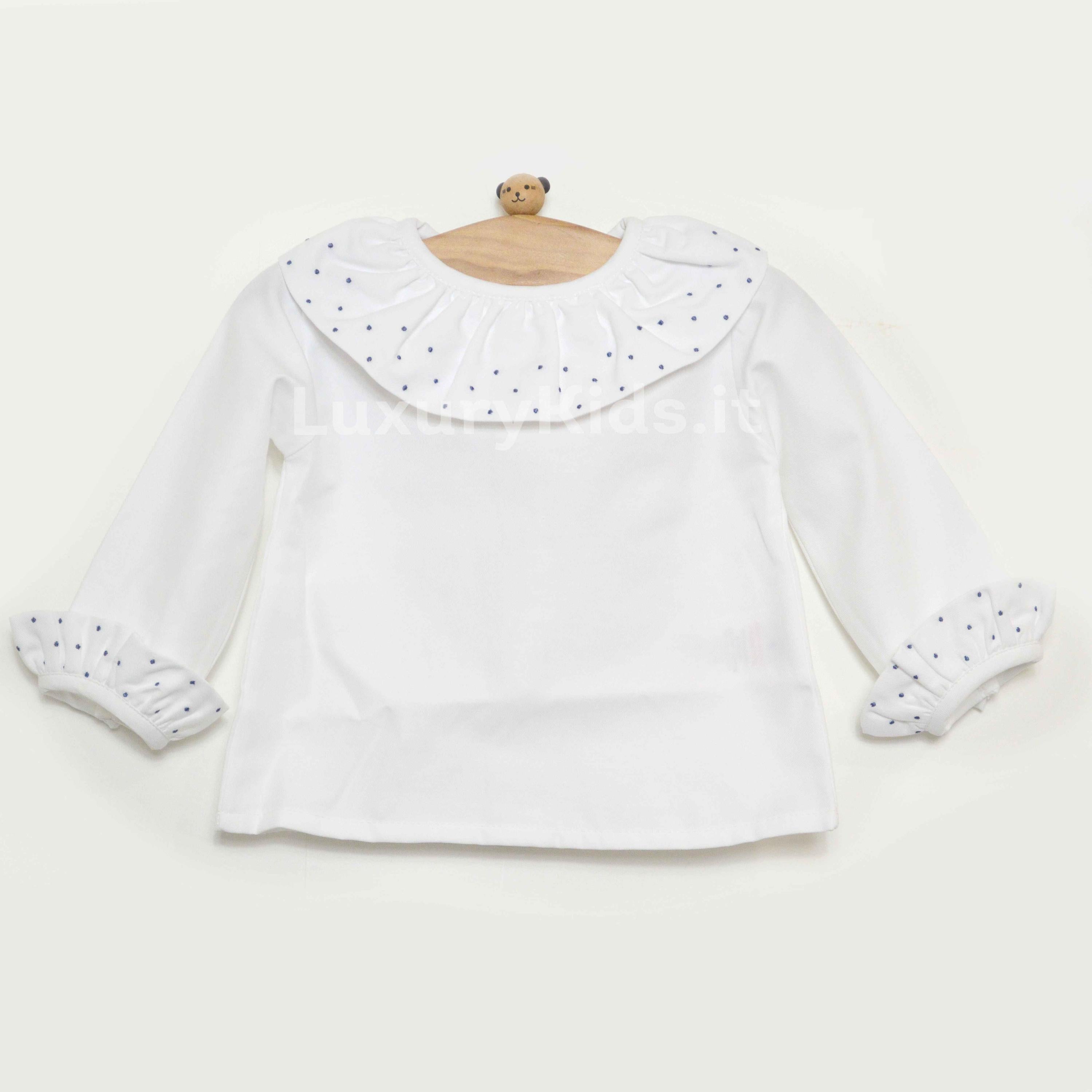 Camicia in Caldo Cotone Manica Lunga con Colletto Rouches Bianco-Blu Neonata A&J 273BL - A&J - LuxuryKids
