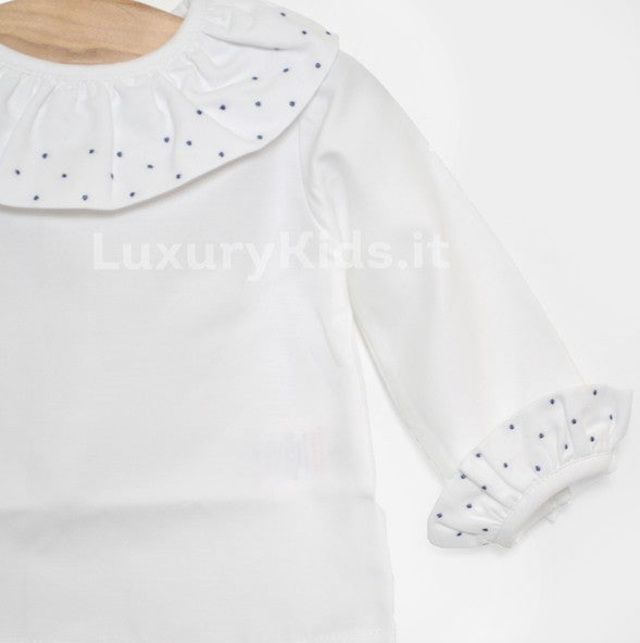 Camicia in Caldo Cotone Manica Lunga con Colletto Rouches Bianco-Blu Neonata A&J 273BL - A&J - LuxuryKids