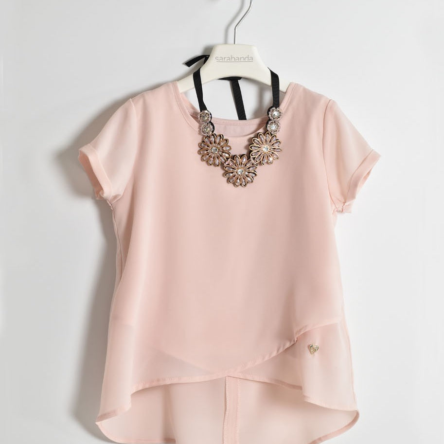 Camicia In Misto Seta Con Canotta E Collana Rosa Bambina Sarabanda W420 - SARABANDA - LuxuryKids