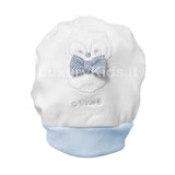 Cappello in Caldo Cotone Bianco-Celeste con Ricamo Gufo con Fiocchetto Neonato Ninnaoh I18245 - NINNAOH - LuxuryKids