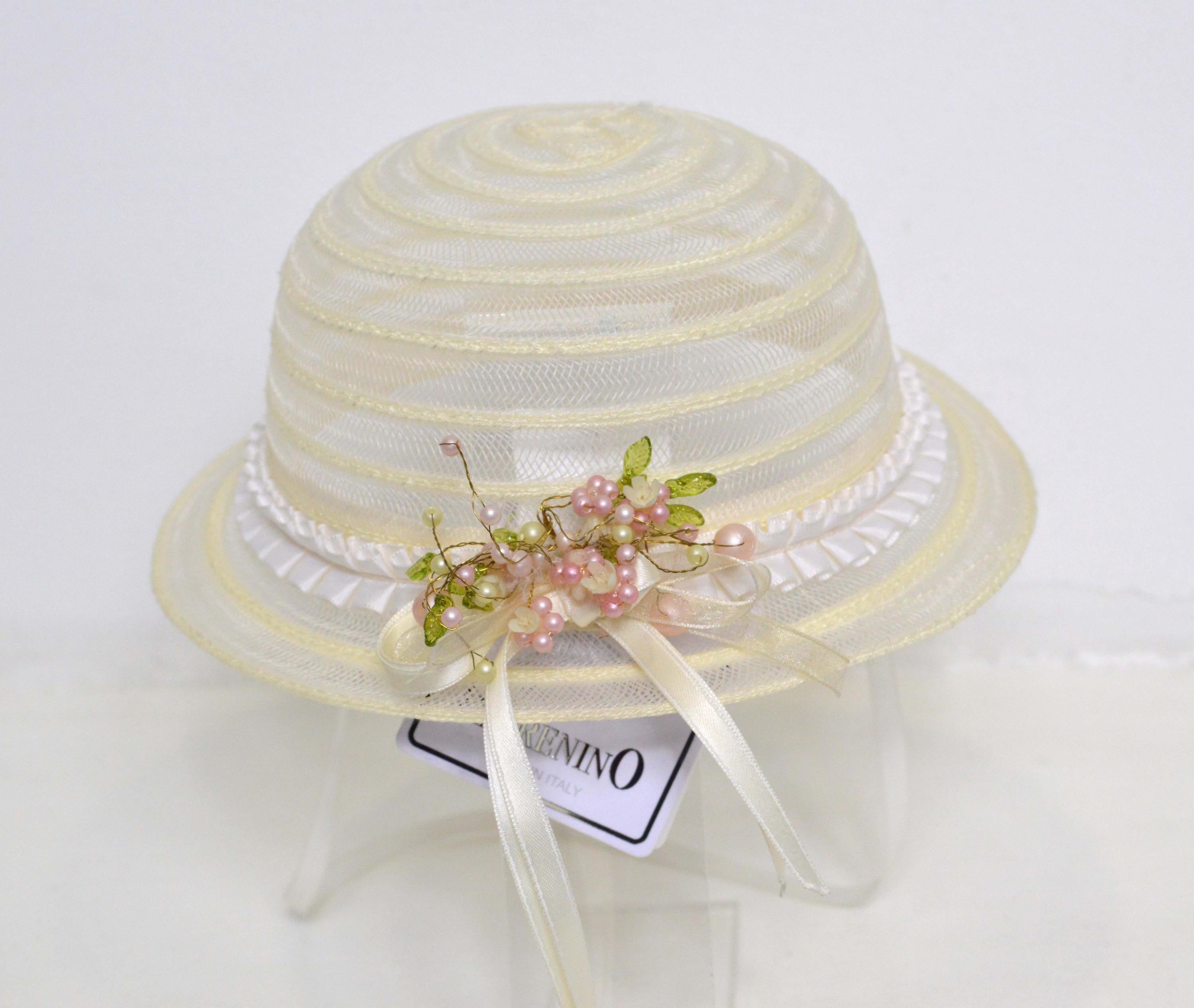 Cappello In Rafia Panna Con Fiori Retrostanti Neonata Il Trenino 6784 - IL TRENINO - LuxuryKids