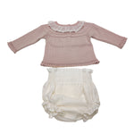 Completino In Filo Rosa Con Ruches Manica Lunga Con Culotte In Cotone Neonata GRANLEI 259 - GRANLEI - LuxuryKids