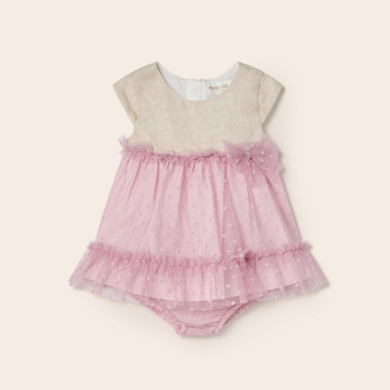 Abito Smanicato Con Culotte In Misto Lino E Tulle Neonata MAYORAL 1819 - MAYORAL - Luxury Kids