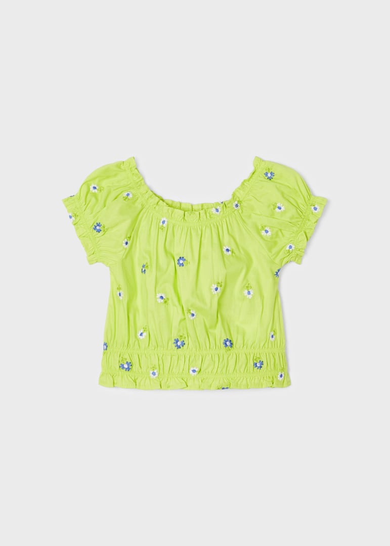 Blusa Manica Corta Con Ricami In Cotone Bambina MAYORAL 3139 - MAYORAL - Luxury Kids