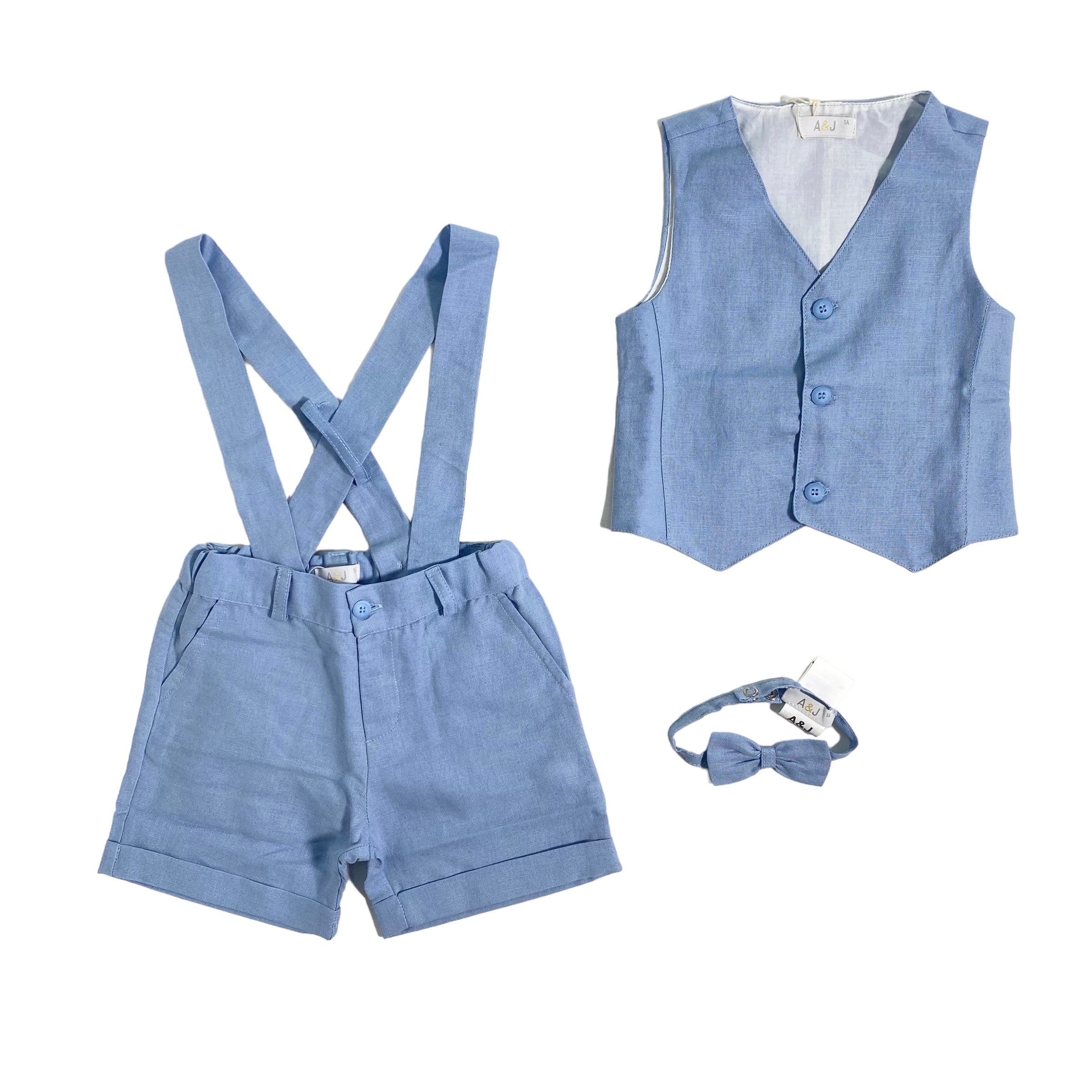 Completo Con Bermuda Panciotto E Papillon In Misto Lino Neonato A&J A&J525 - A&J - Luxury Kids