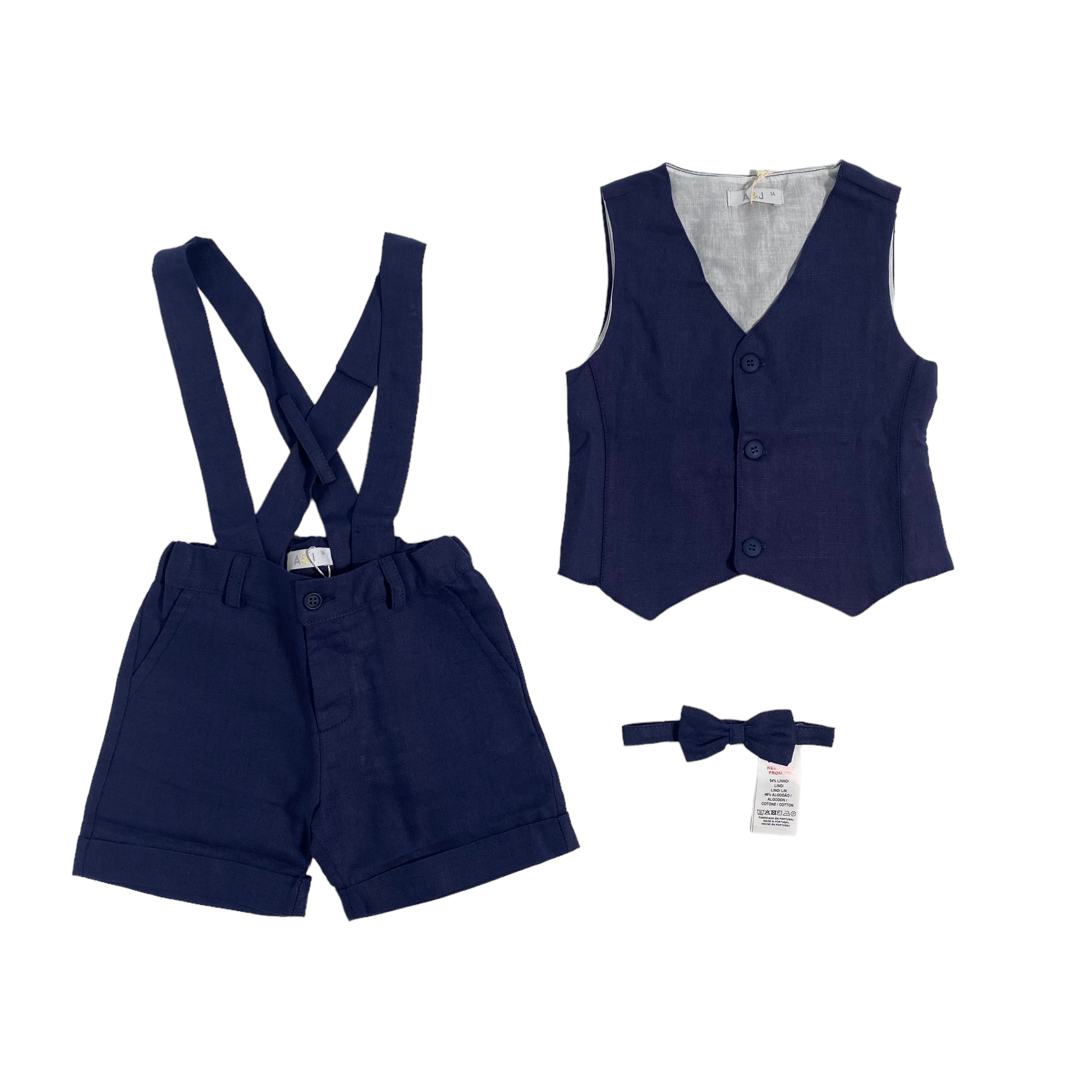 Completo Con Bermuda Panciotto E Papillon In Misto Lino Neonato A&J A&J525 - A&J - Luxury Kids