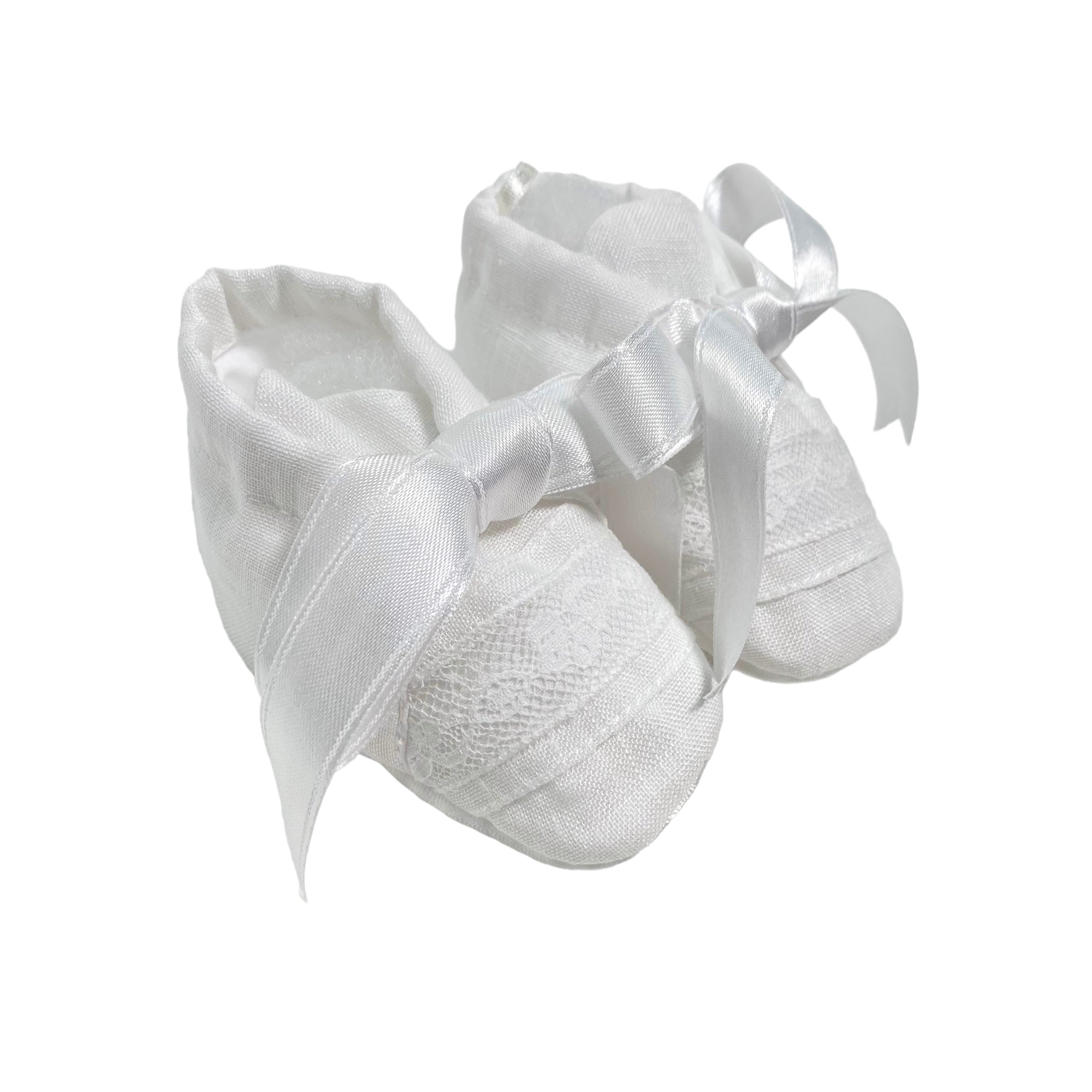 Scarpe Da Culla In Lino E Pizzo Bianche Neonato PICCOLA GIUGGIOLA LERICIS - PICCOLA GIUGGIOLA - Luxury Kids