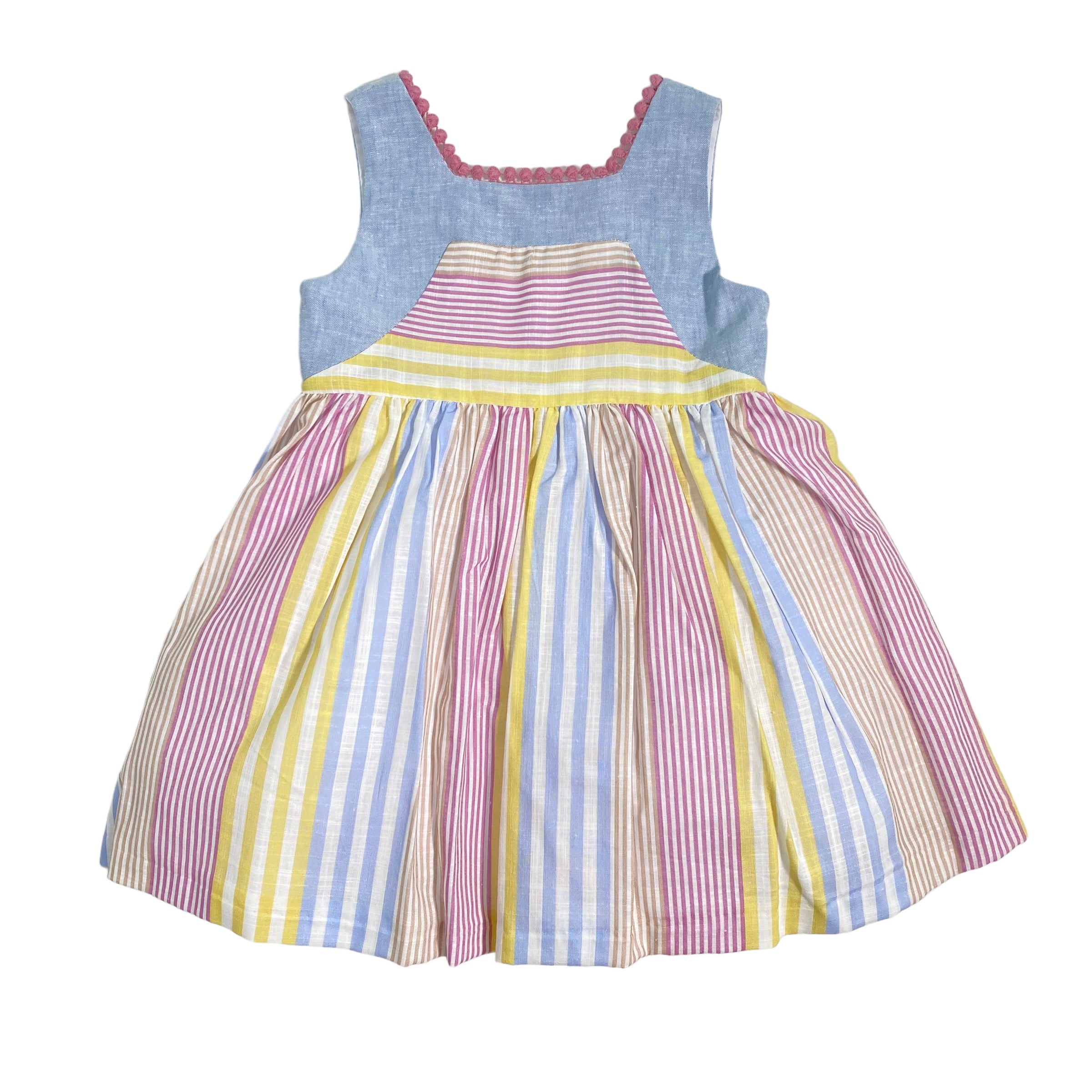 Abito Smanicato In Misto Lino A Righe Bambina YOEDU 0519 - YOEDU - Luxury Kids