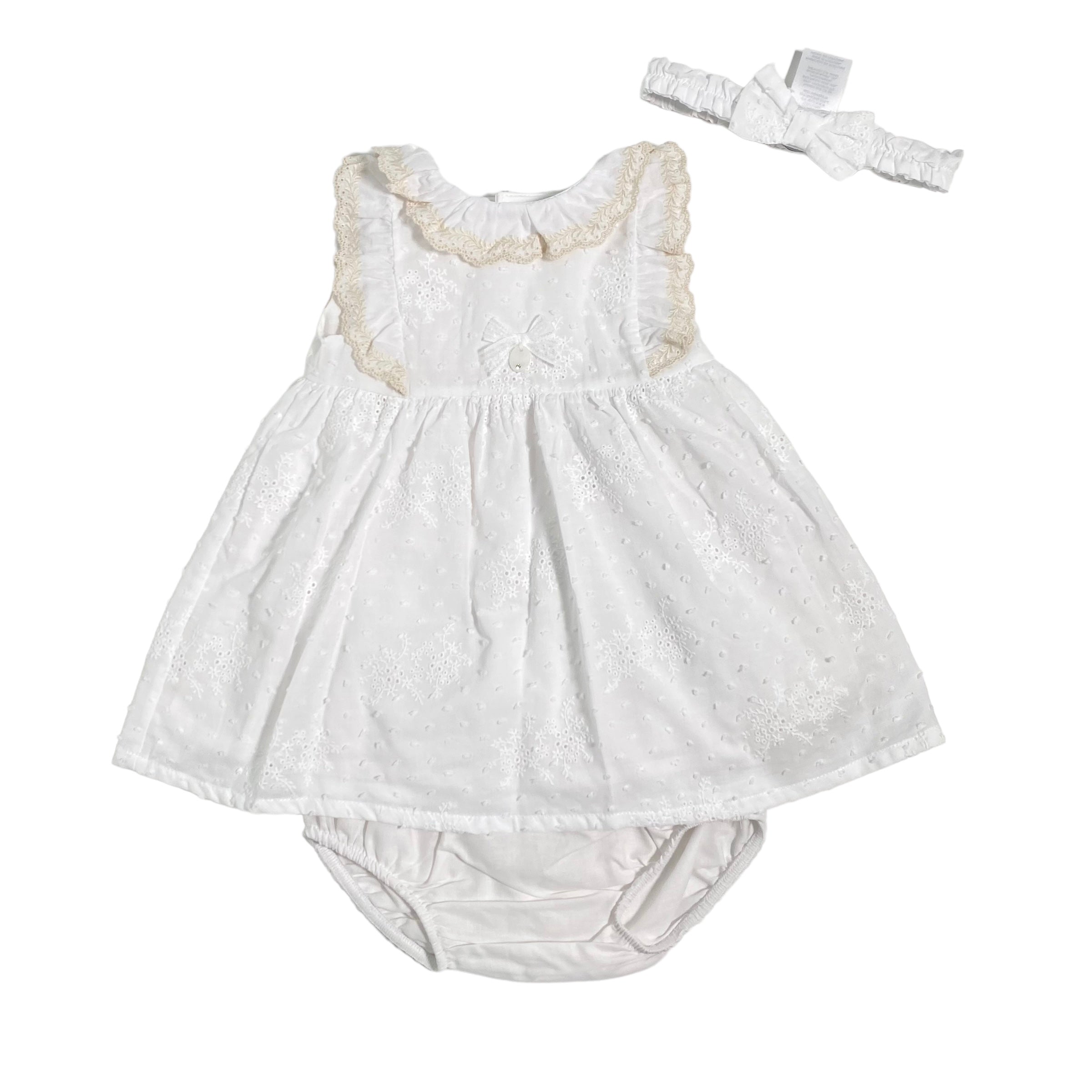 Abito Con Culotte E Fascia In Pizzo San Gallo Bianco Neonata DR KID DK159 - DR KID - Luxury Kids