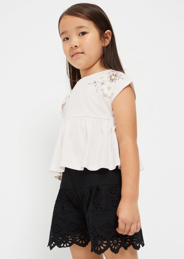 Maglietta Manica Corta Con Ricami In Cotone Sostenibile Bambina MAYORAL 3059 - MAYORAL - Luxury Kids