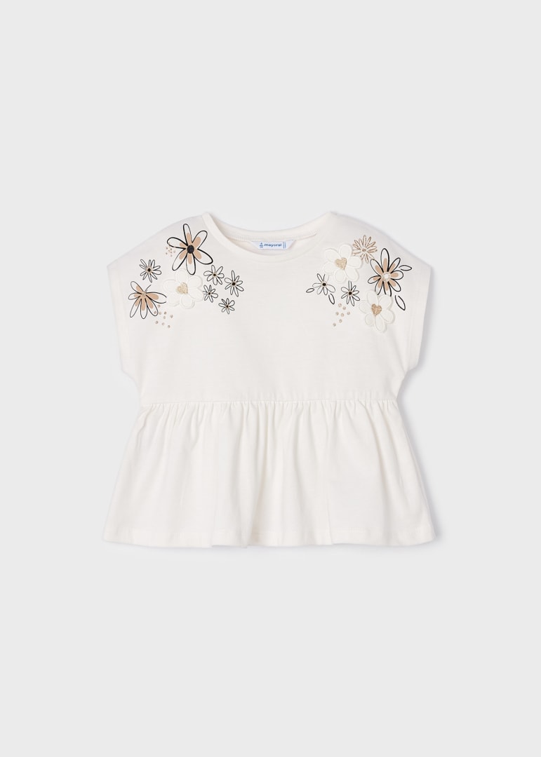 Maglietta Manica Corta Con Ricami In Cotone Sostenibile Bambina MAYORAL 3059 - MAYORAL - Luxury Kids
